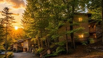 A lodge with a stone staircase leading to a wooden deck, surrounded by trees and a sunset.