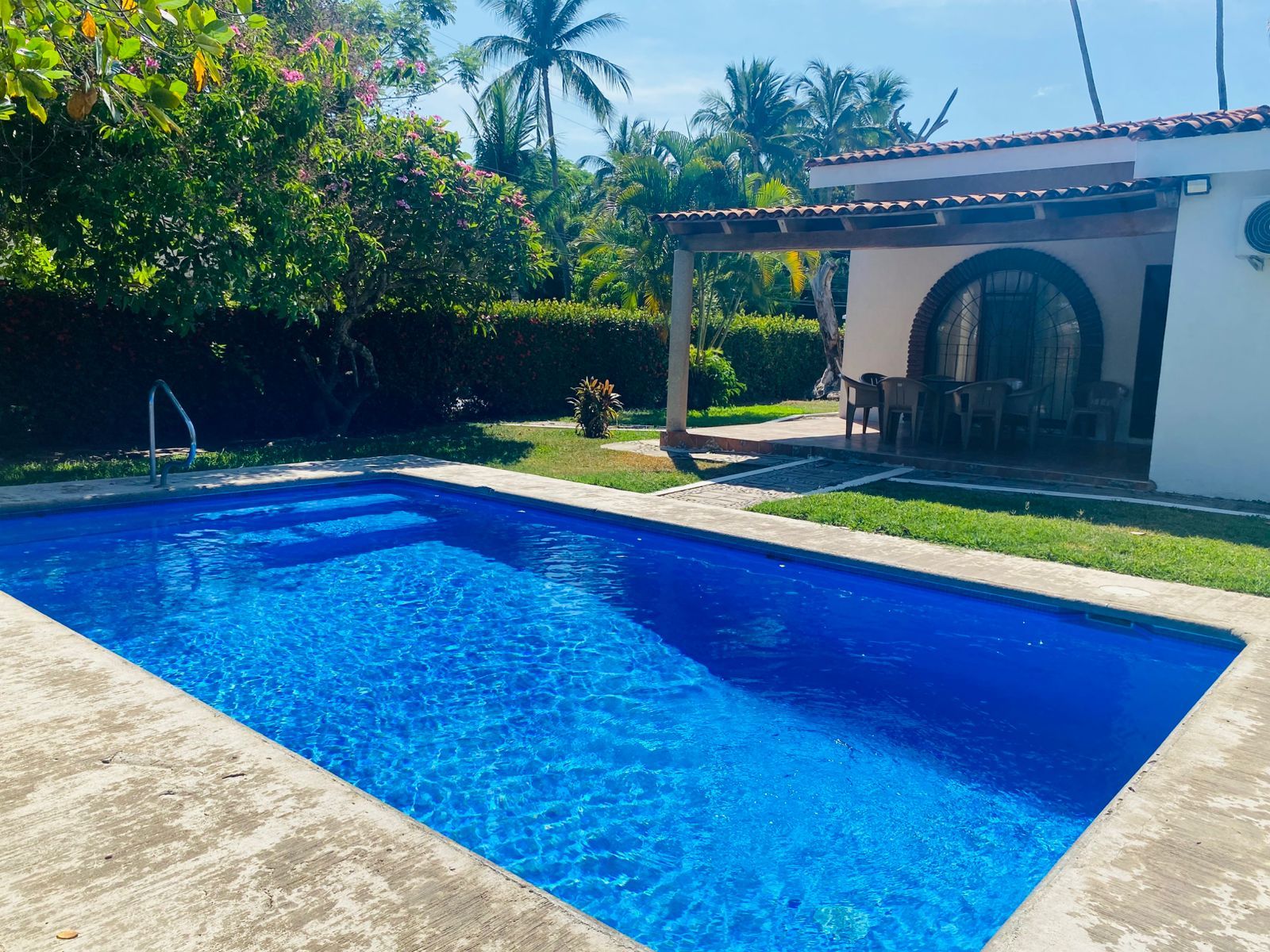 Una piscina con superficie de agua azul cristalina, rodeada por un césped cuidado y diversas plantas.