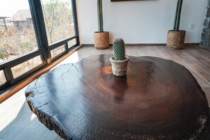 Una mesa de madera rústica con un cactus en maceta, ubicada en una habitación con ventanas amplias y dos plantas en macetas.