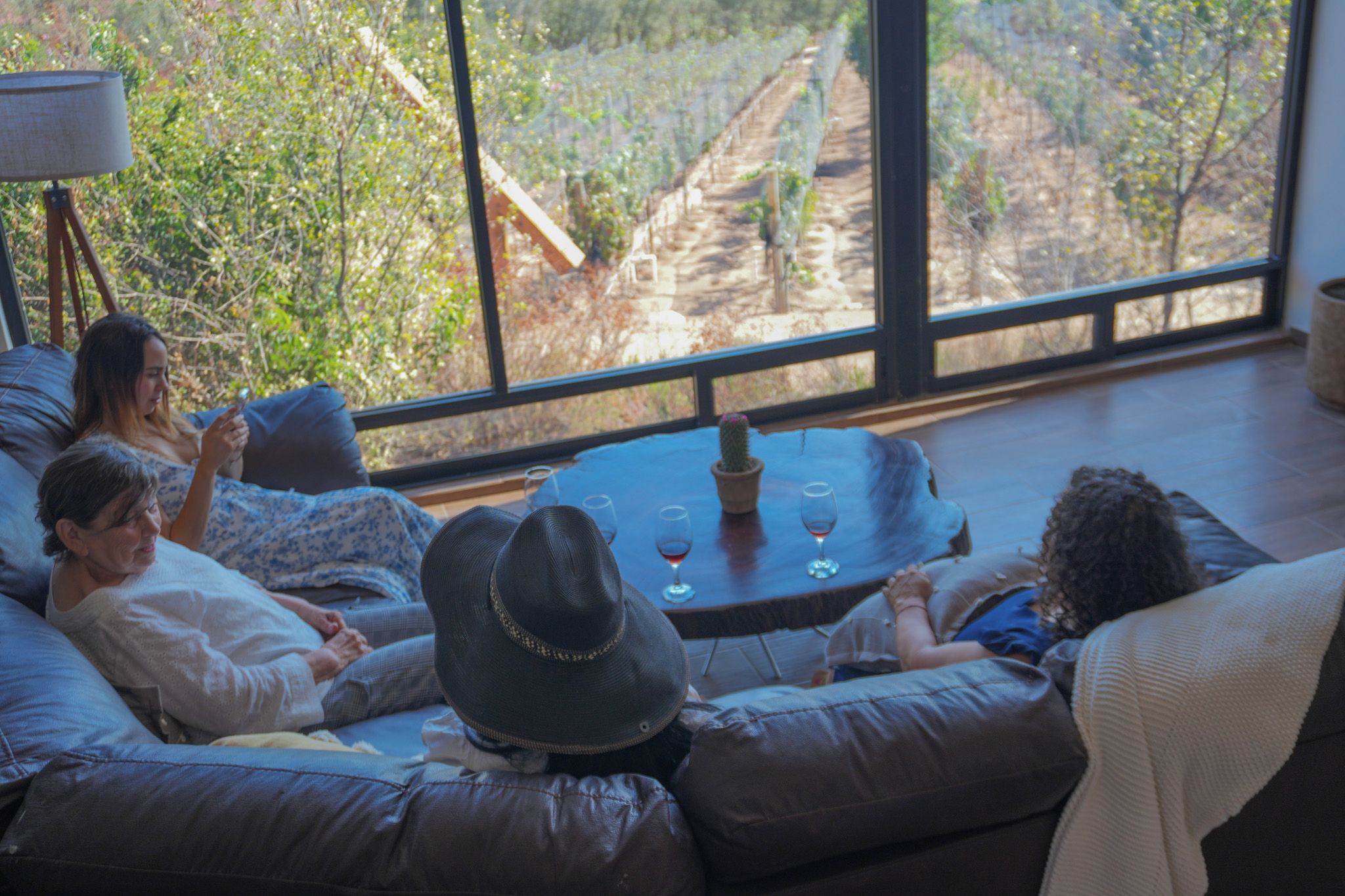 A room with a large window, a sofa, a small table with a hat, and a cactus.
