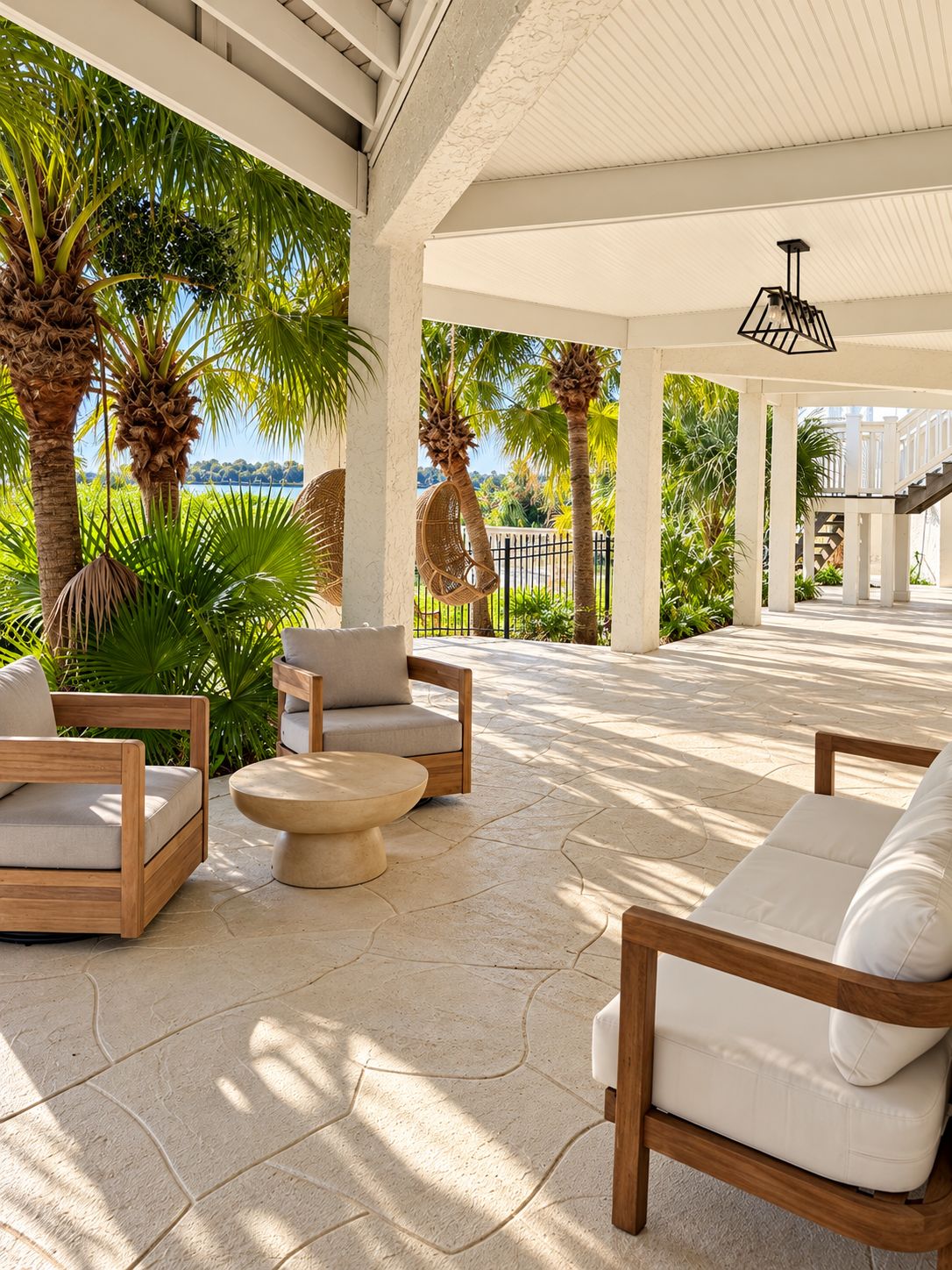 An outdoor patio with wooden furniture and a view of the ocean.