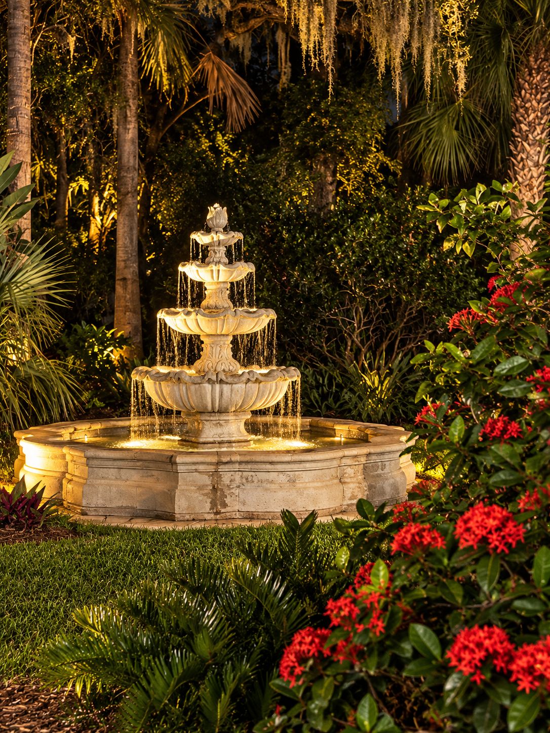 Ein mehrstufiger Brunnen in einem Garten mit üppigem Grün und roten Blumen.