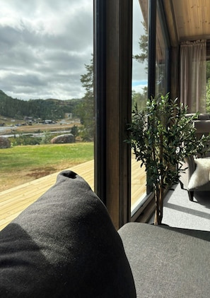 A room with a large window overlooking a landscape, a small potted plant, and a grey sofa.