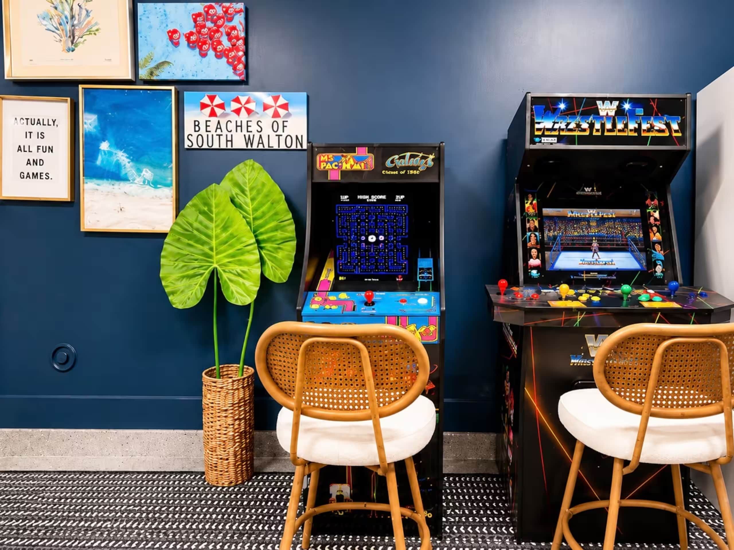 A room with a blue wall, two arcade machines, a large green plant, and two wicker chairs.