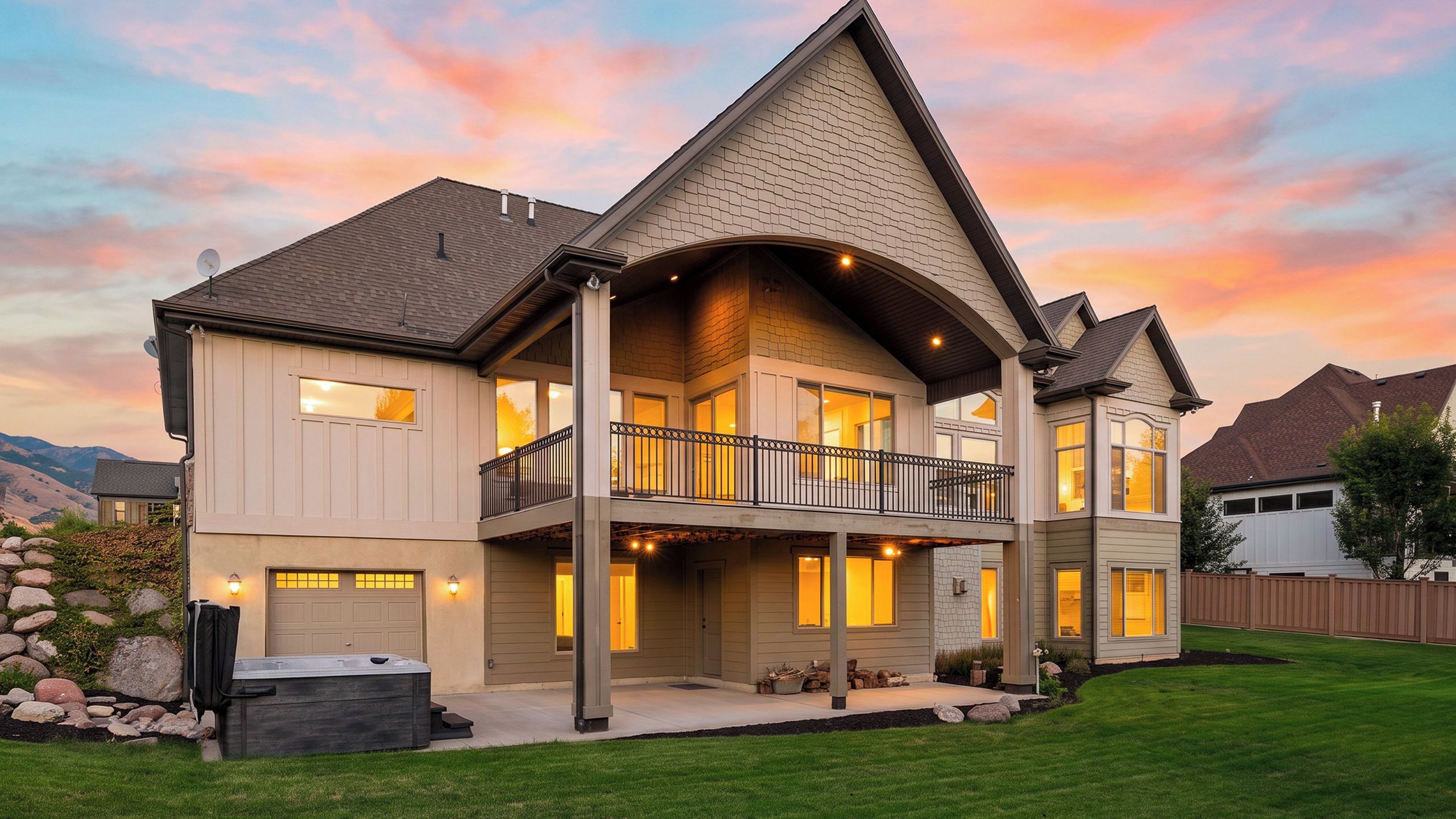 A two-story house with a balcony, large windows, and a well-maintained lawn.