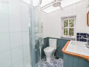 A bathroom with a glass-enclosed shower, a toilet, and a sink with a wooden countertop. - Llain (Cardigan)
