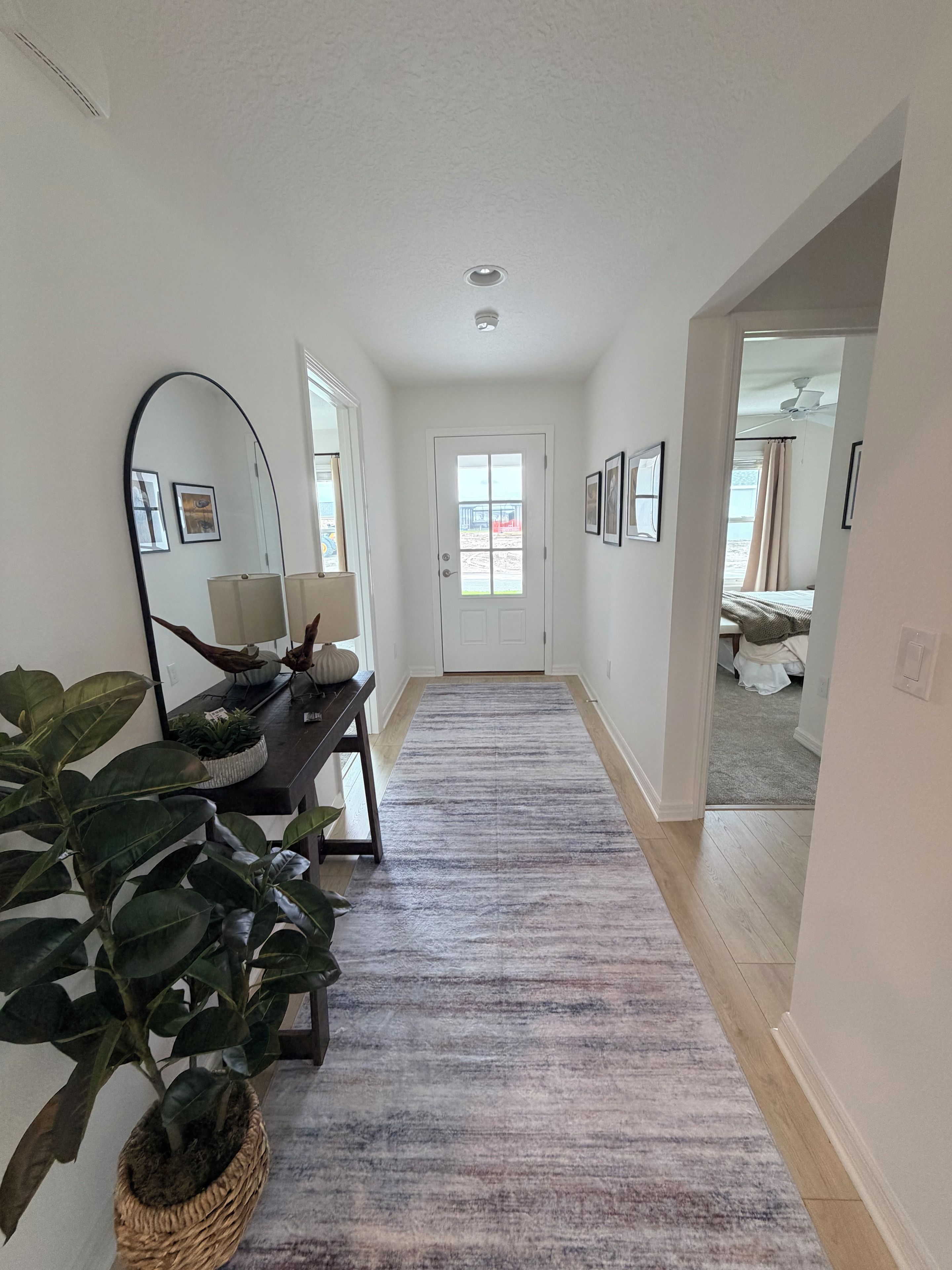 A hallway with a white door, a mirror, a dark wooden bench, and a potted plant.