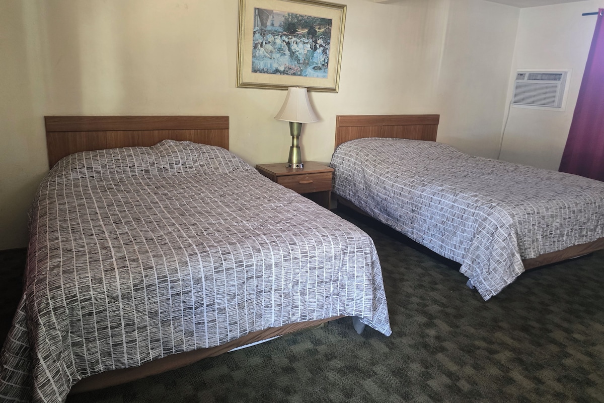 Habitación de hotel con dos camas, una mesita de noche con lámpara, un cuadro enmarcado en la pared y una ventana con aire acondicionado.