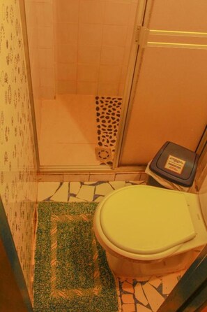 Une salle de bain avec des toilettes, une douche et un carrelage décoratif.