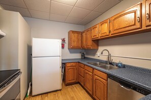 A compact kitchen with wooden cabinets, a white refrigerator, a stainless steel sink, and a dishwasher. - Stay and Play Downtown La Crosse Apartment! (La Crosse)