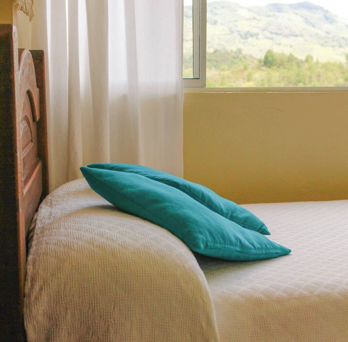A bed with a teal pillow and a window with a view of green hills.