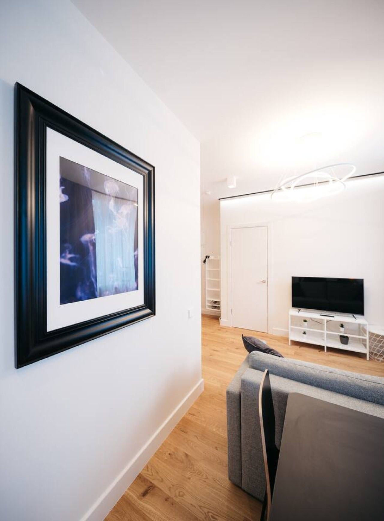Un salon moderne avec un tableau encadré, un canapé gris, un meuble de télévision blanc avec un téléviseur, et une porte blanche en arrière-plan.
