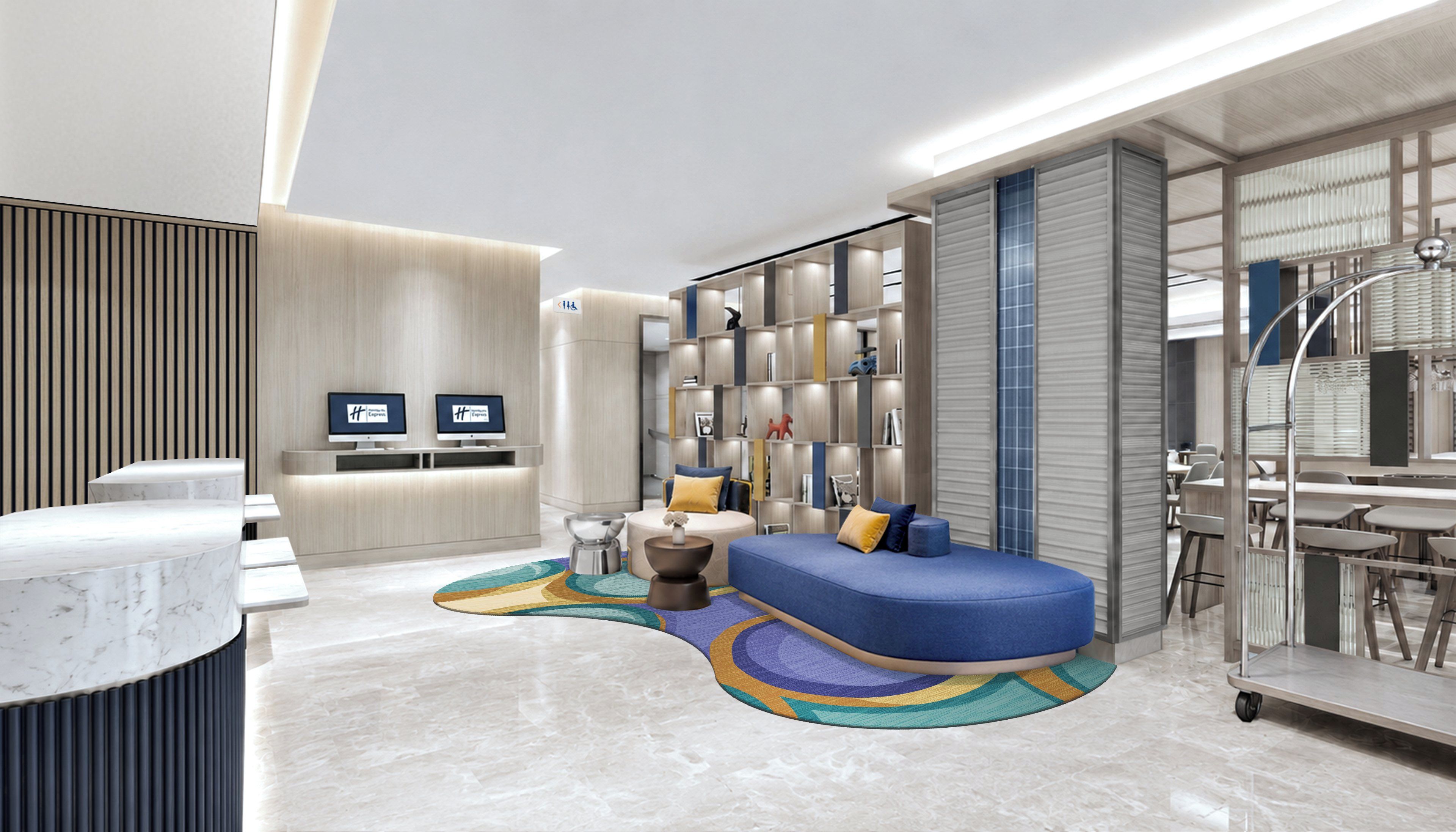 Un moderno vestíbulo de hotel con mostrador de recepción, zona de estar y una amplia estantería.
