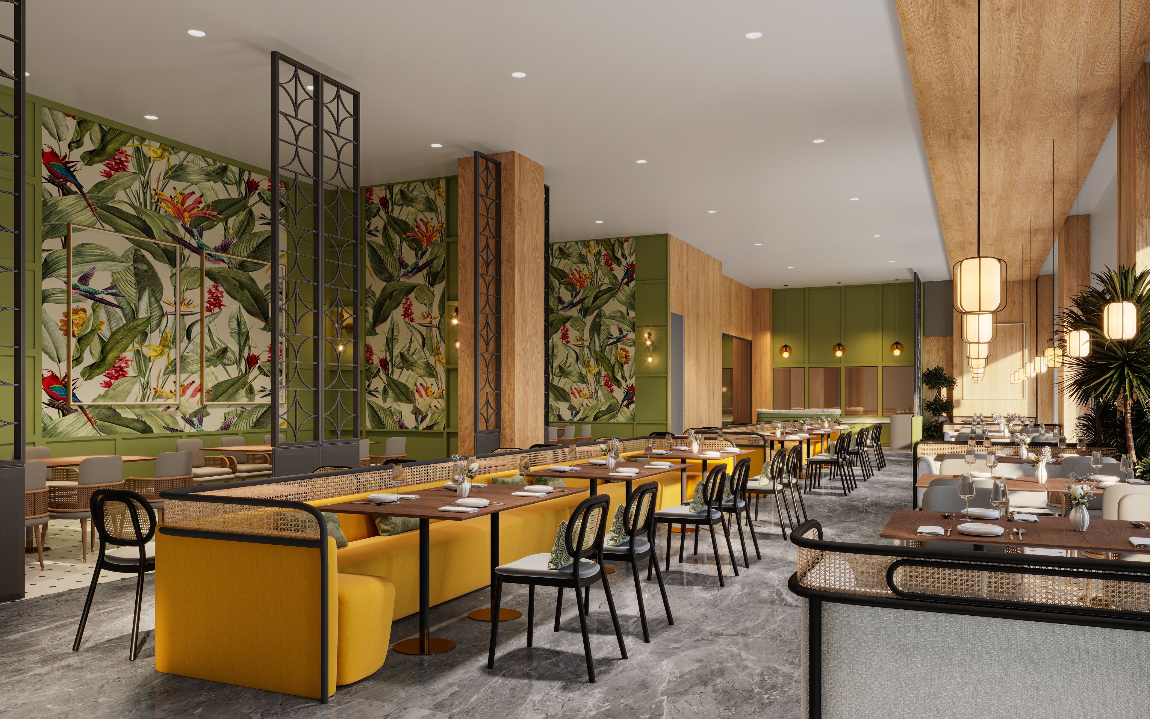 A modern restaurant with high ceilings, a long communal table, and vibrant tropical wallpaper.