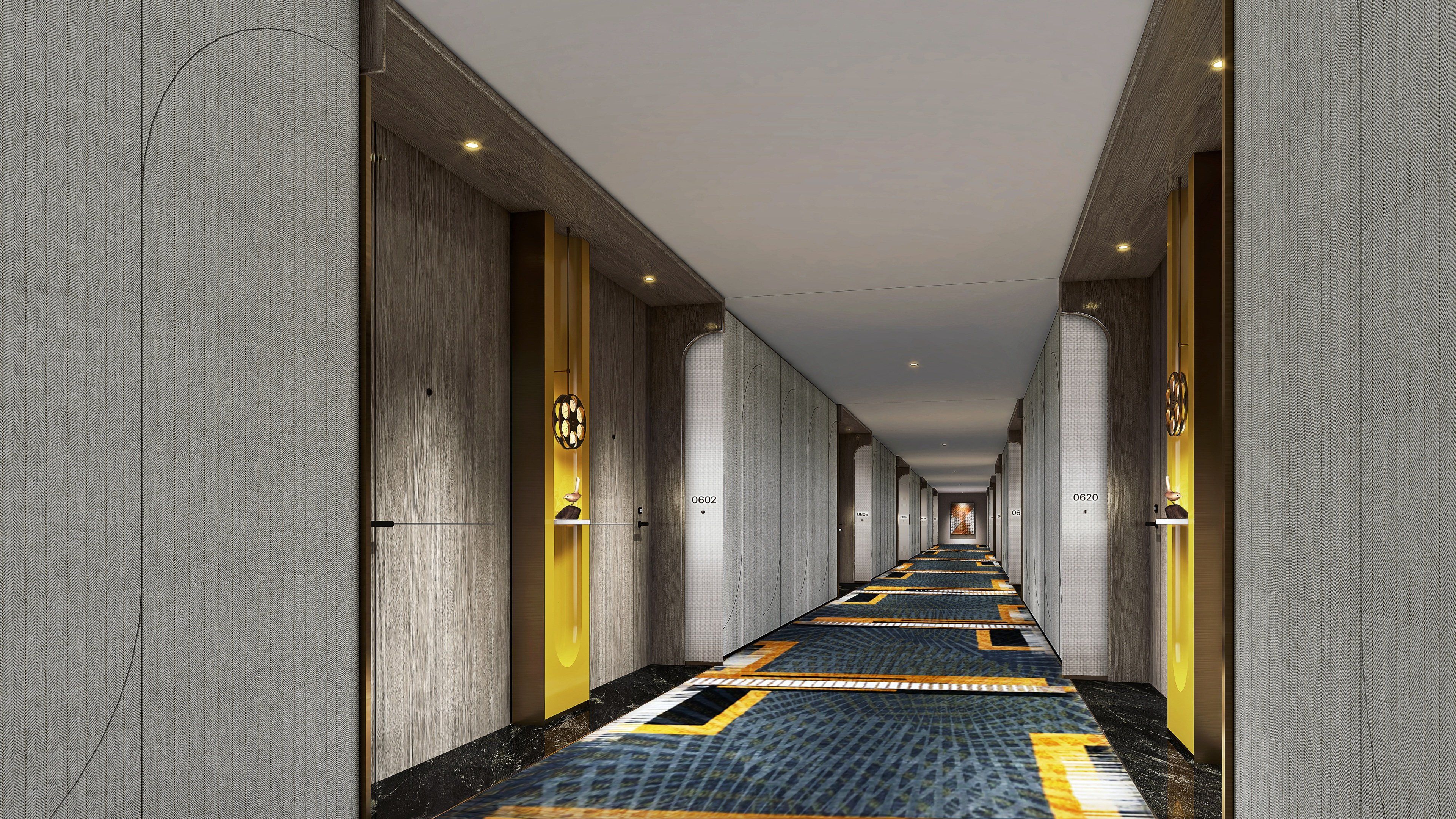 Ein Hotelgang mit einem gemusterten Teppich, nummerierten Türen und einem modernen Design.