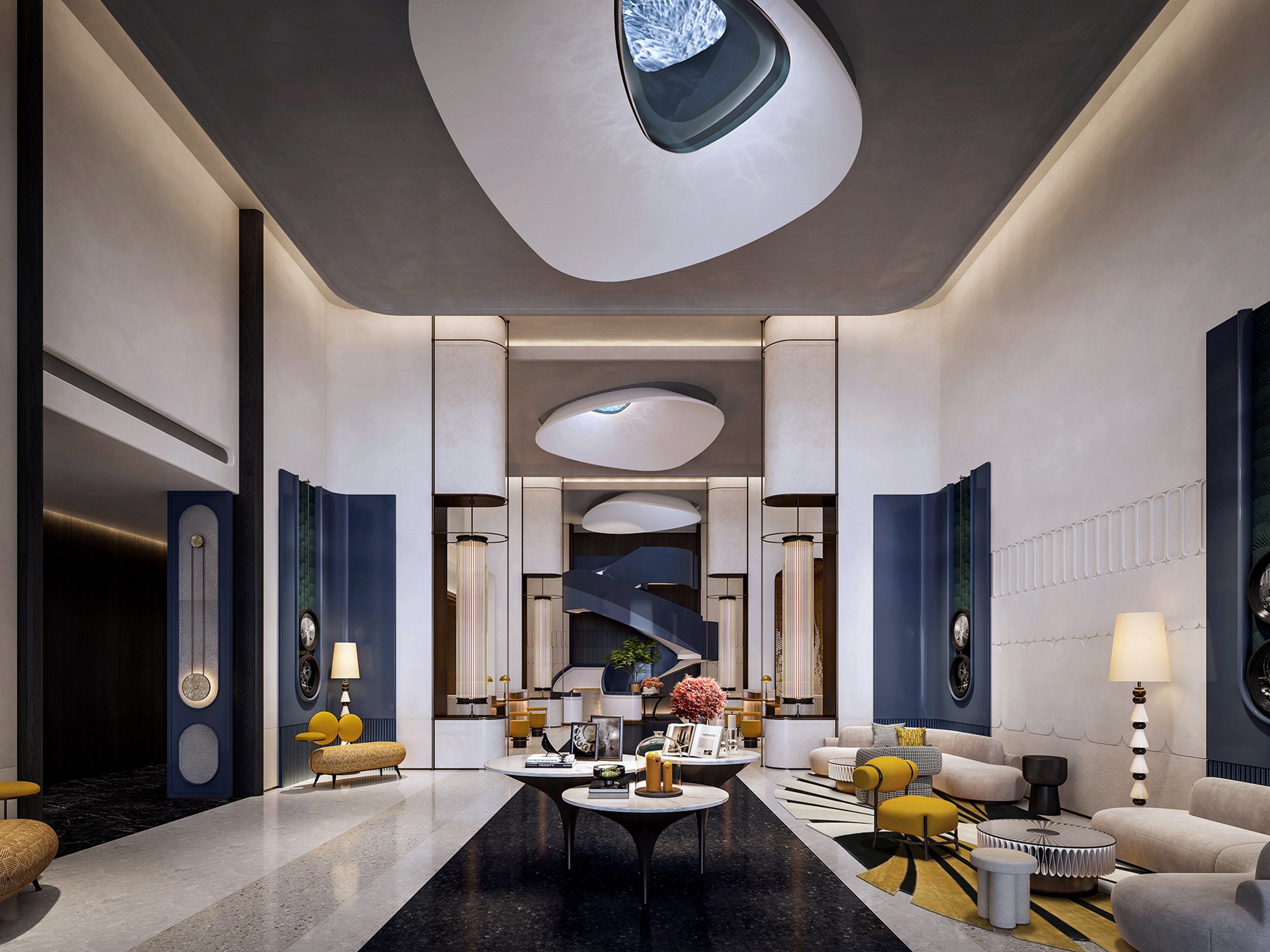 A modern hotel lobby with a central staircase, seating areas, and a large skylight.