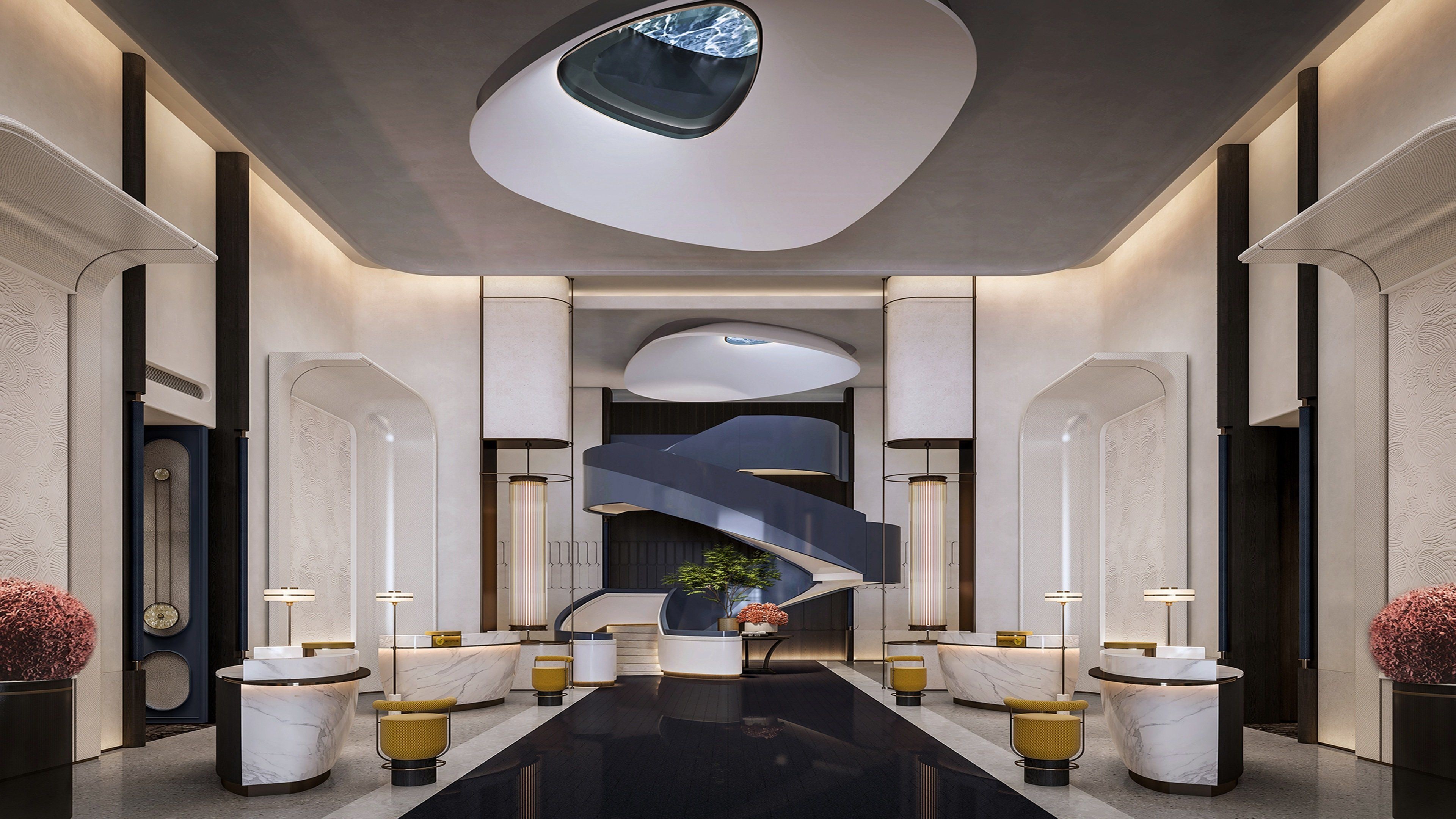 A modern lobby with a central staircase, marble reception desk, and symmetrical design.