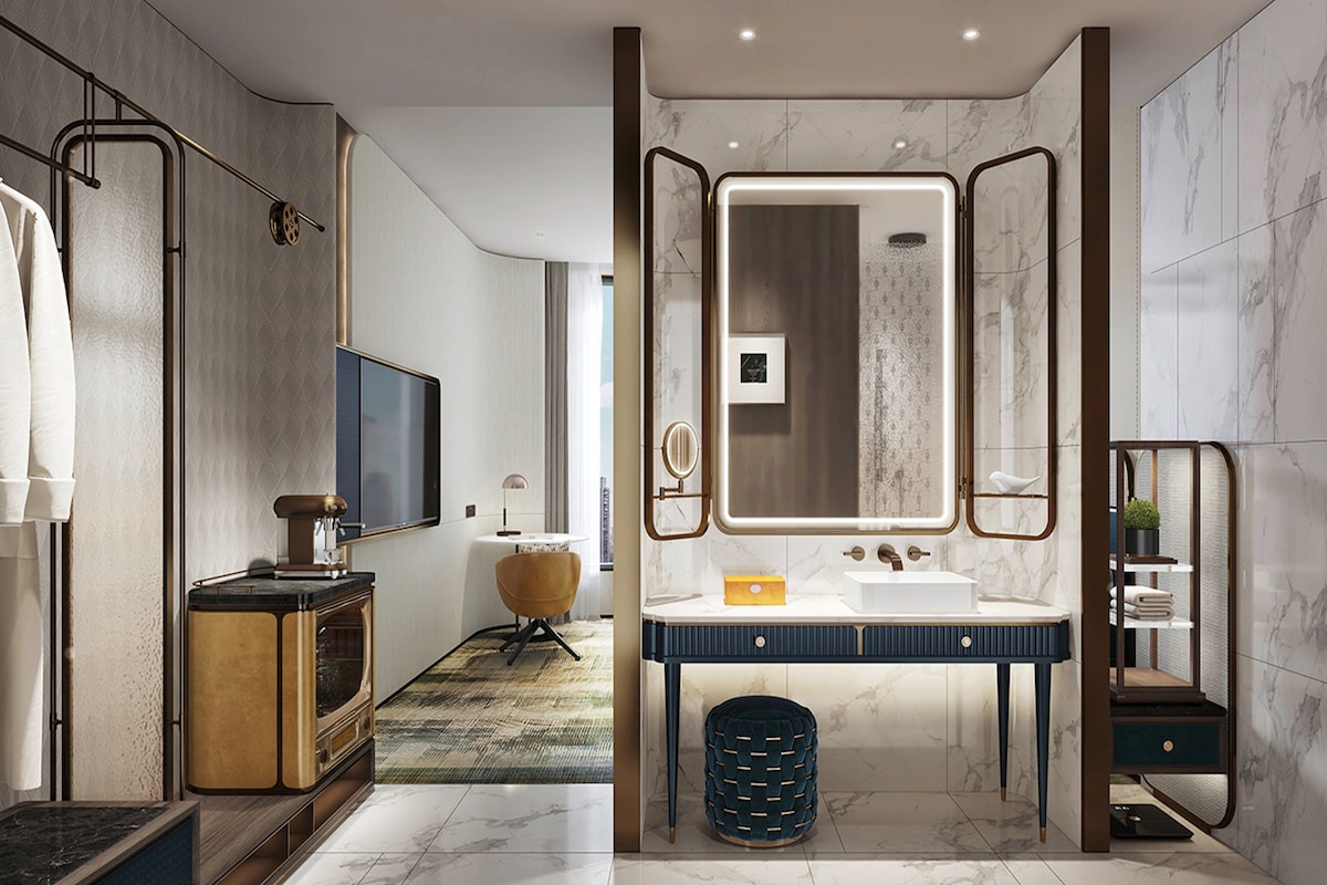 Une salle de bain moderne avec un grand miroir, un meuble-lavabo et un espace douche.