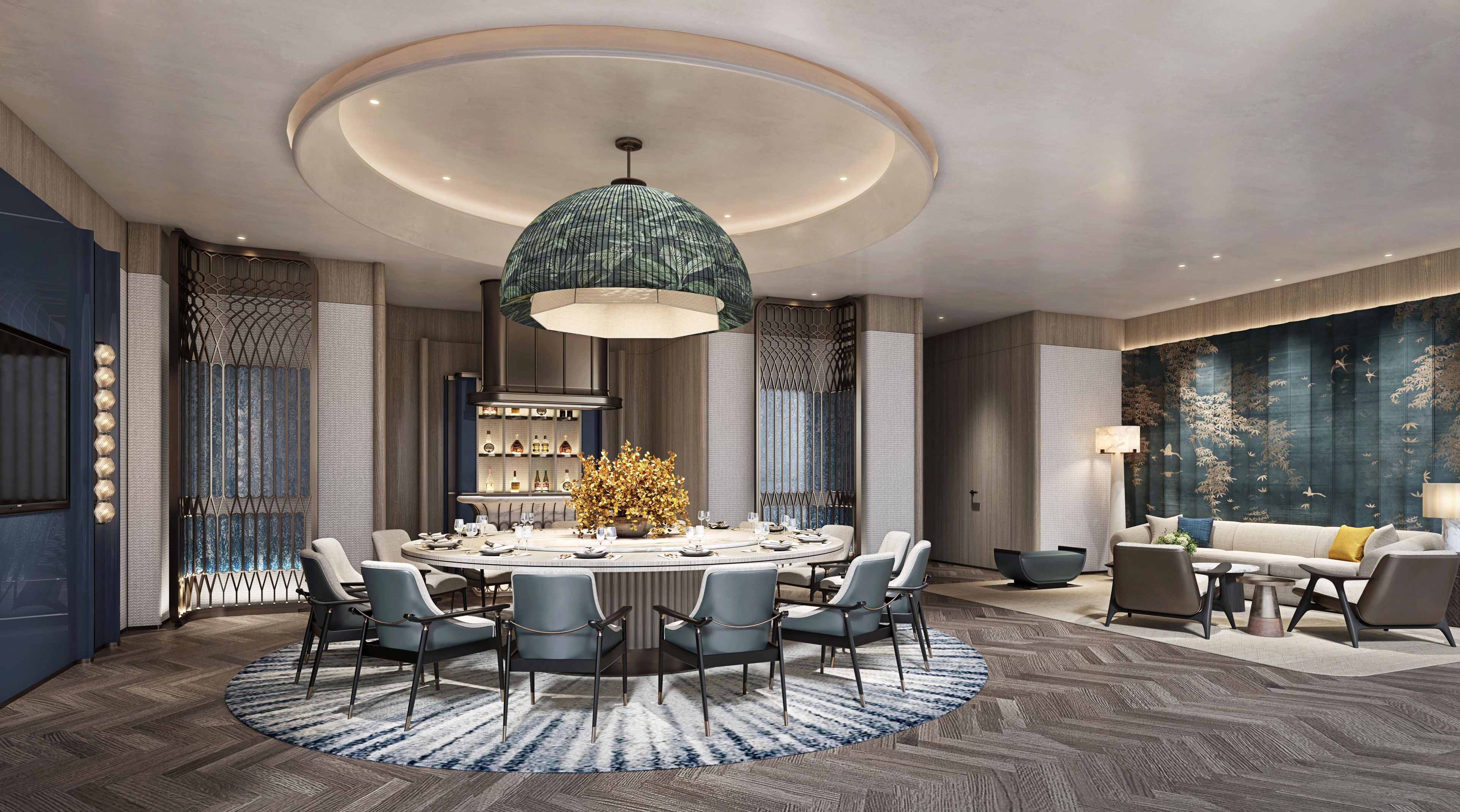 A modern dining area with a round table, chairs, a decorative centerpiece, and a large hanging light fixture.