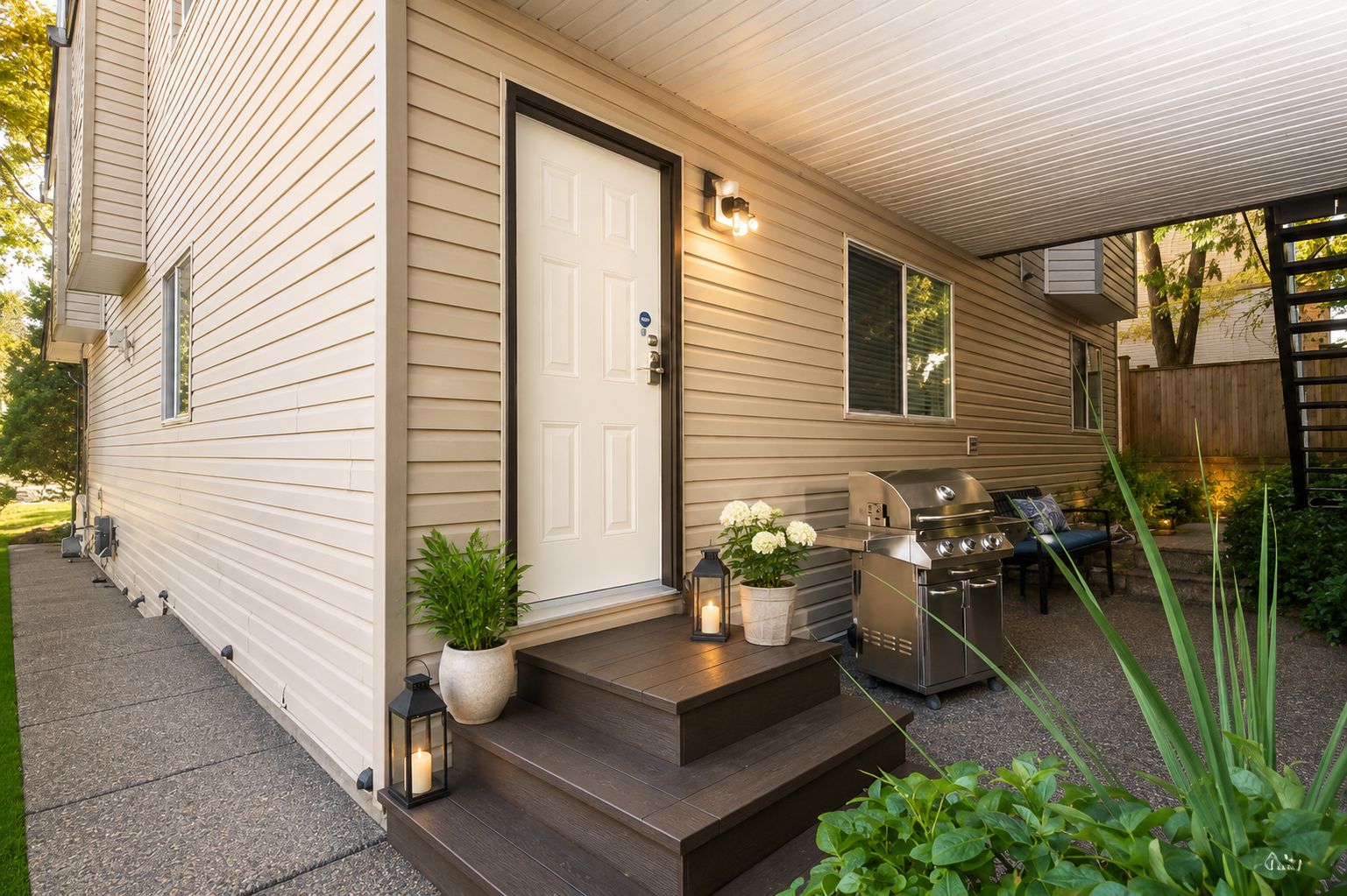 A single-story house with a front porch, a grill, and outdoor seating.
