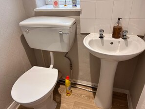 A bathroom with a toilet, a sink, and a bottle of cleaning product on the floor. - Peaceful 2BR Home in Bearwood Near Lightwoods Park (Birmingham)