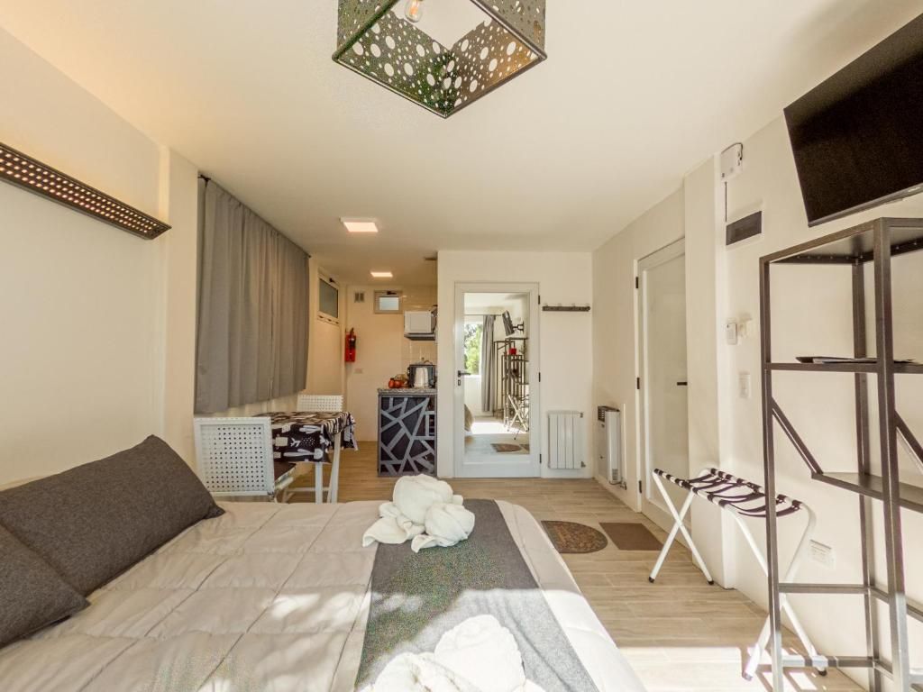 A hotel room with a bed, a desk, a chair, a wardrobe, and a bathroom.