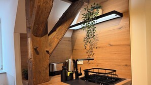 A kitchen with a wooden countertop, a black induction cooktop, a coffee maker, and a hanging plant. - A Hidden Gem in the Heart of Ingolstadt (Ingolstadt)