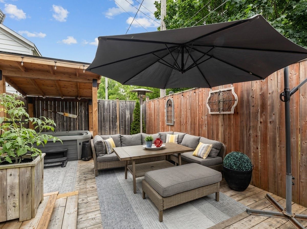 Eine Holzterrasse mit Gartenmöbeln, darunter eine Couch, ein Tisch und ein Hocker.