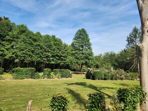 A well-maintained garden with a variety of trees and shrubs, a clear sky, and a grassy lawn.