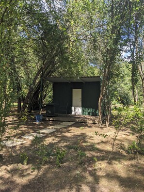 A small, dark-colored building with a door, surrounded by trees and a dirt ground. - Damson Hut at The Secret Garden (Ashford)
