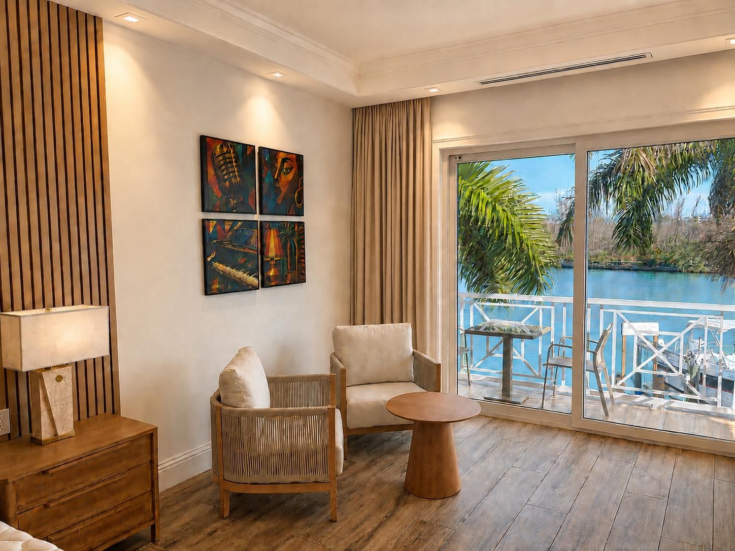 Quarto com piso de madeira, um sofá, uma cadeira, uma mesa redonda pequena e vista para um corpo d'água através de janelas amplas.