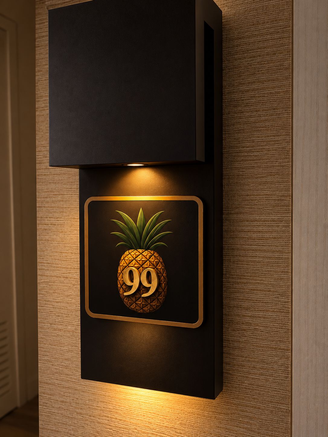 A wall-mounted light fixture with a pineapple design and the number 99.