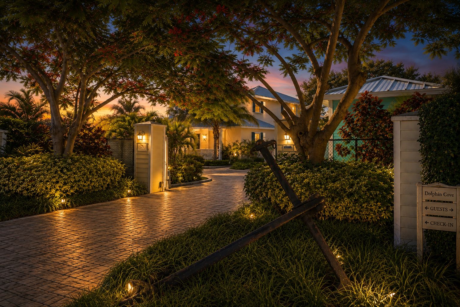 A well-lit pathway leading to a building with a sign indicating 'Dolphin Cove' and directional arrows for 'GUESTS' and 'CHECK-IN'.