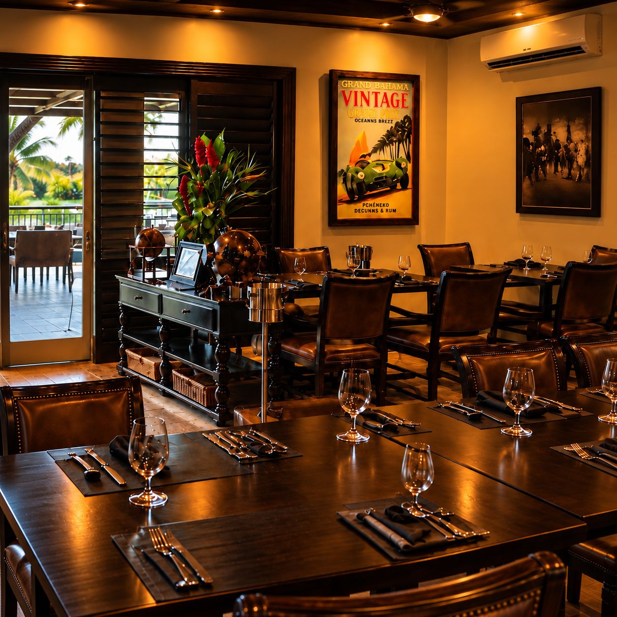 A restaurant with a dining area featuring tables set for service, a bar area with a globe and framed pictures, and a view of the outdoors.
