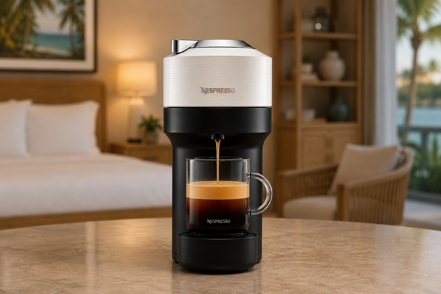A Nespresso coffee machine on a table with a glass cup of coffee being dispensed.