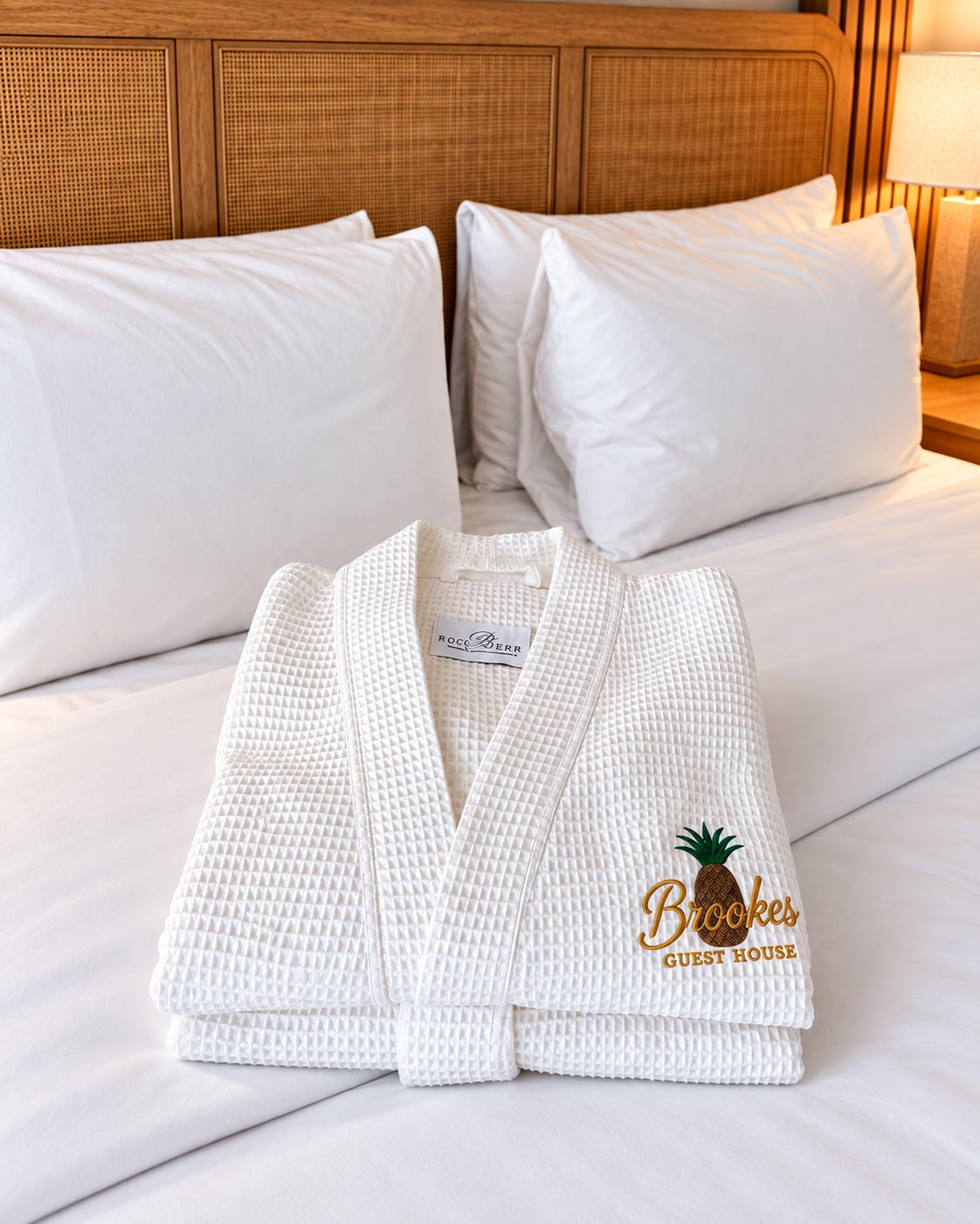 A neatly made bed with white bedding and pillows, a wooden headboard, and a folded white robe with a label on it.