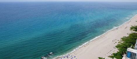 An aerial view of a beach with a row of blue umbrellas and a building adjacent to the shore.