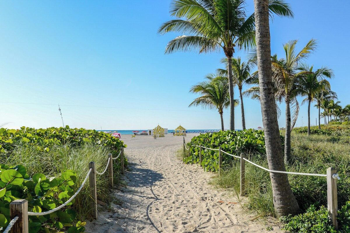 A sandy beach path with palm trees and vegetation on either side.