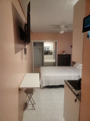 A bedroom with a bed, a desk, a chair, a wardrobe, a television, and a ceiling fan. - Tiny Efficiency All-in-1 (Sunrise)