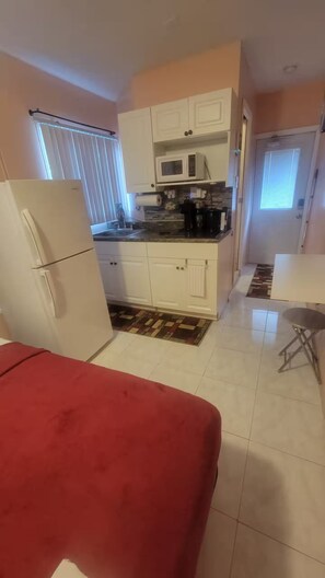 A compact kitchen with white cabinets, a microwave, and a refrigerator. - Tiny Efficiency All-in-1 (Sunrise)