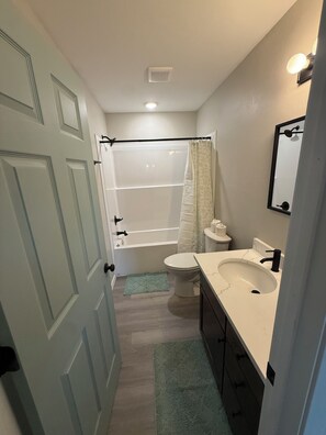 A bathroom with a toilet, sink, shower, and a door.