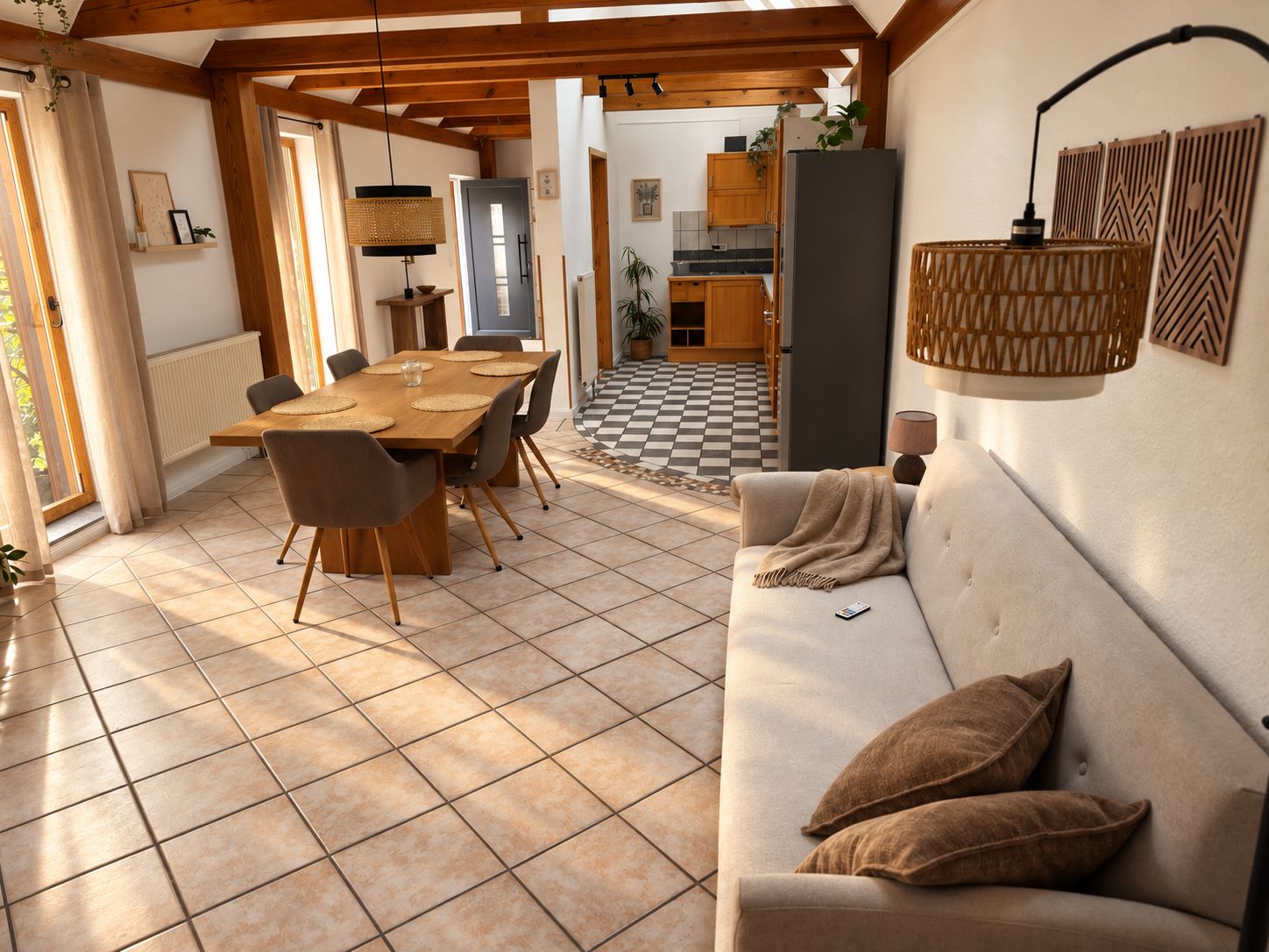 Un grand espace à manger avec une table et des chaises en bois, un canapé avec des coussins et, au fond, une cuisine.