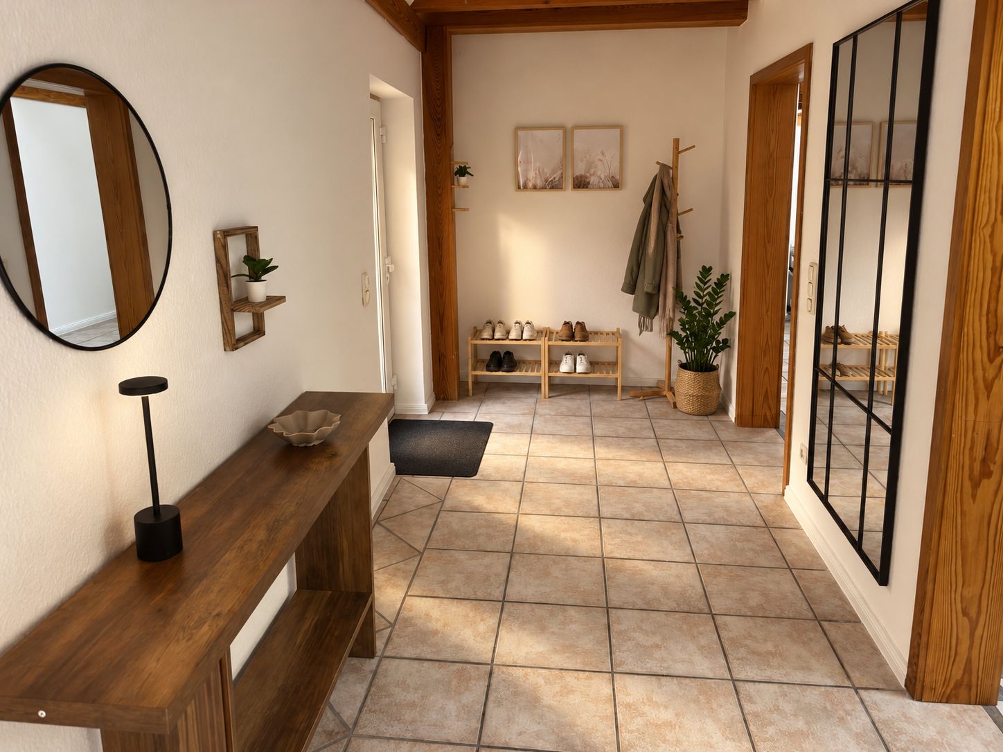 Een gang met een houten bankje, een spiegel, een schoenenrek en een pot met een plant.