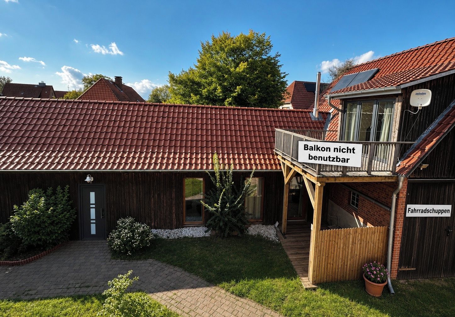 Ein hölzernes Gebäude mit rotem Ziegeldach, einem Balkon mit einem Schild und einem Holzzaun.