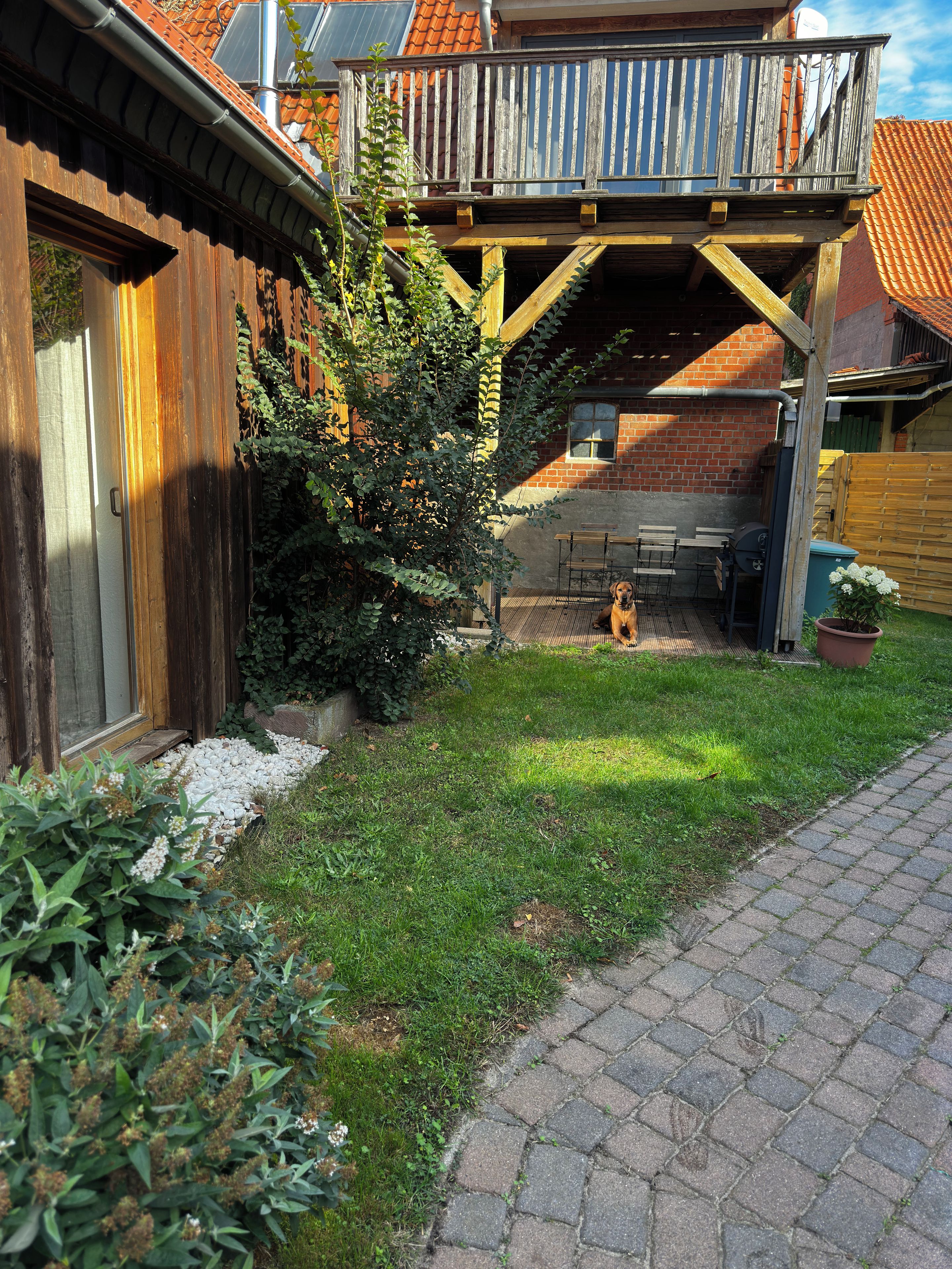 Een houten terras met een metalen hekwerk, een bakstenen muur en een gazon met een hond.