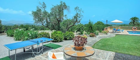 An outdoor patio with a ping pong table, chairs, a small table with a potted plant, and a pool area with lounge chairs.