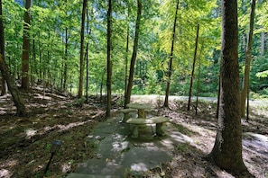 Une table de pique-nique en pierre, entourée d’arbres, dans une zone boisée.