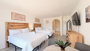 Ett hotellrum med två sängar, ett skrivbord, en stol, en tv och en växt.