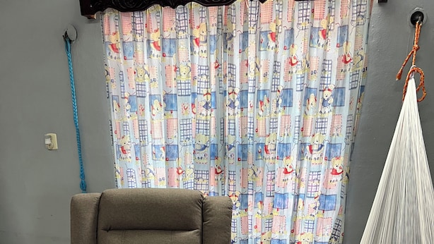 A living room with a brown sofa, a hammock, and a curtain with cartoon characters.