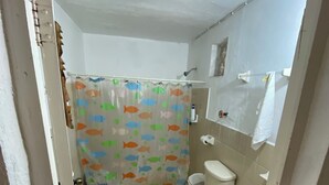 Kylpyhuone, jossa on wc, pesuallas ja kalan kuvioilla varustettu suihkuverho.